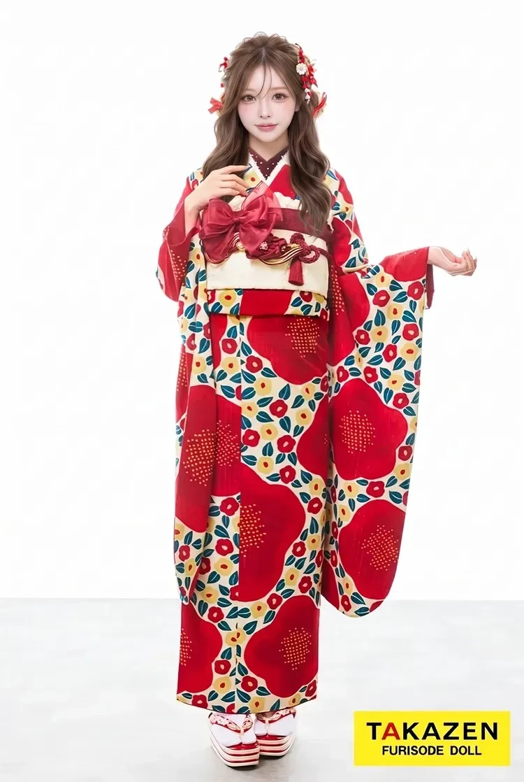 TAKAZENのレンタル振袖 激安レトロポップ 赤 椿柄/総柄 派手可愛い 目立つ お洒落 今どき【通販可】32001