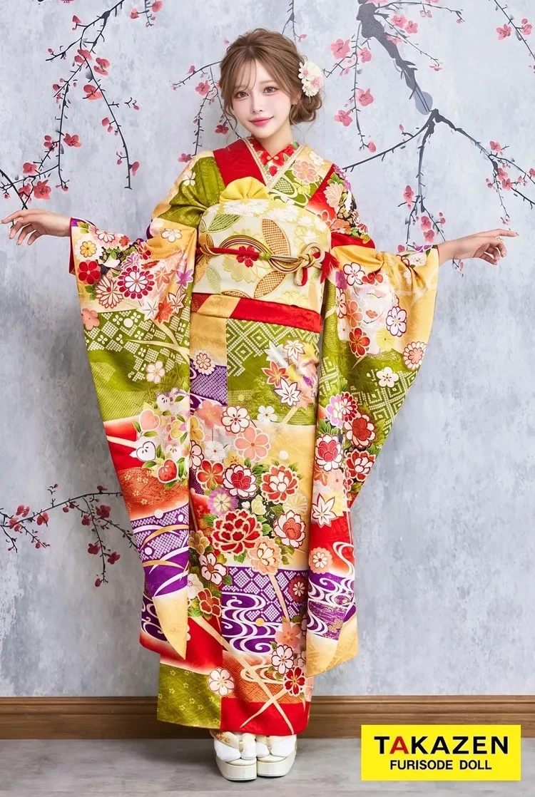 TAKAZENのレンタル振袖 格安正統派古典　緑/赤　受賞柄　牡丹柄　はんなり　上品　おしとやか　高級【通販可】32049