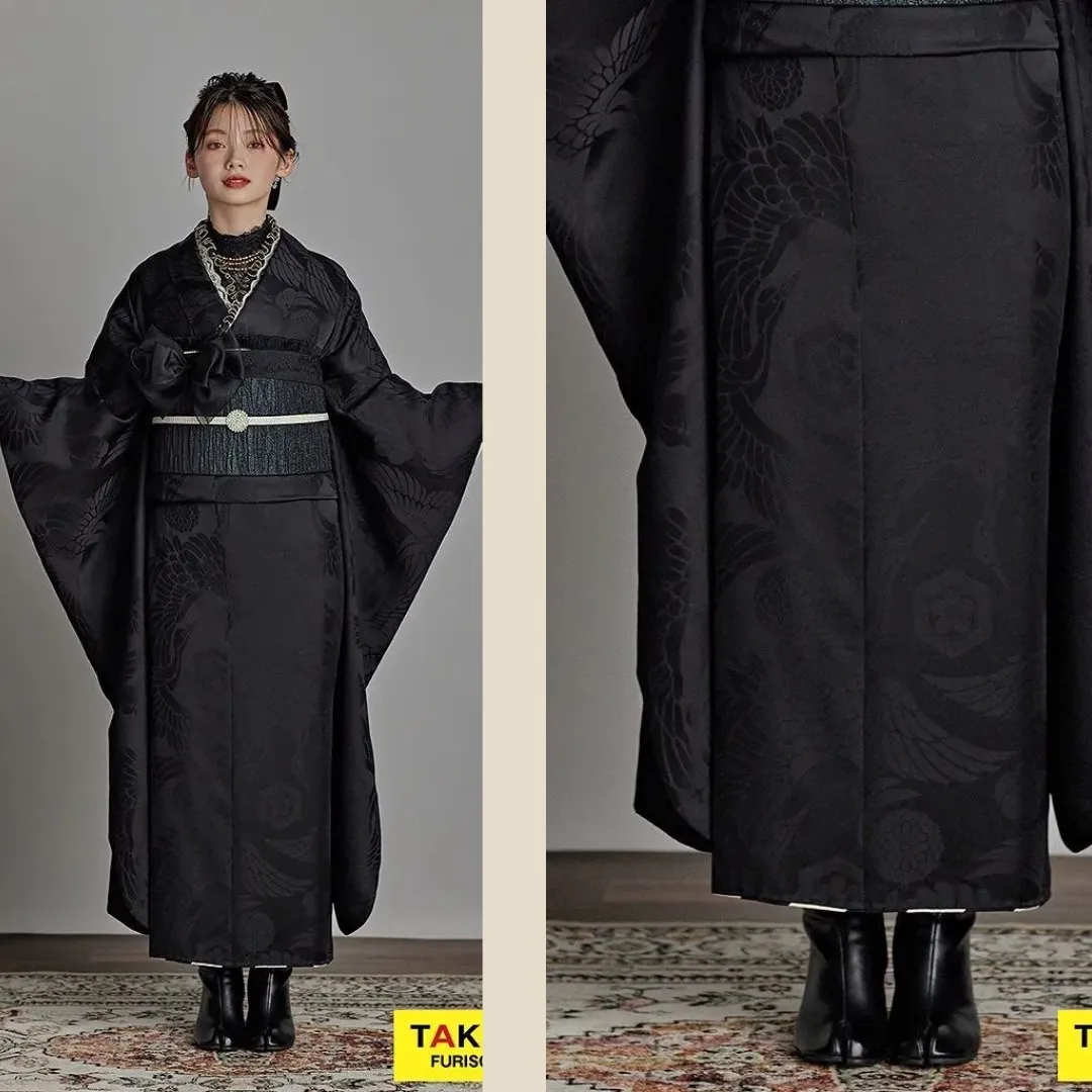 無地振袖　ヴィンテージ　レンタル　黒　かっこいい