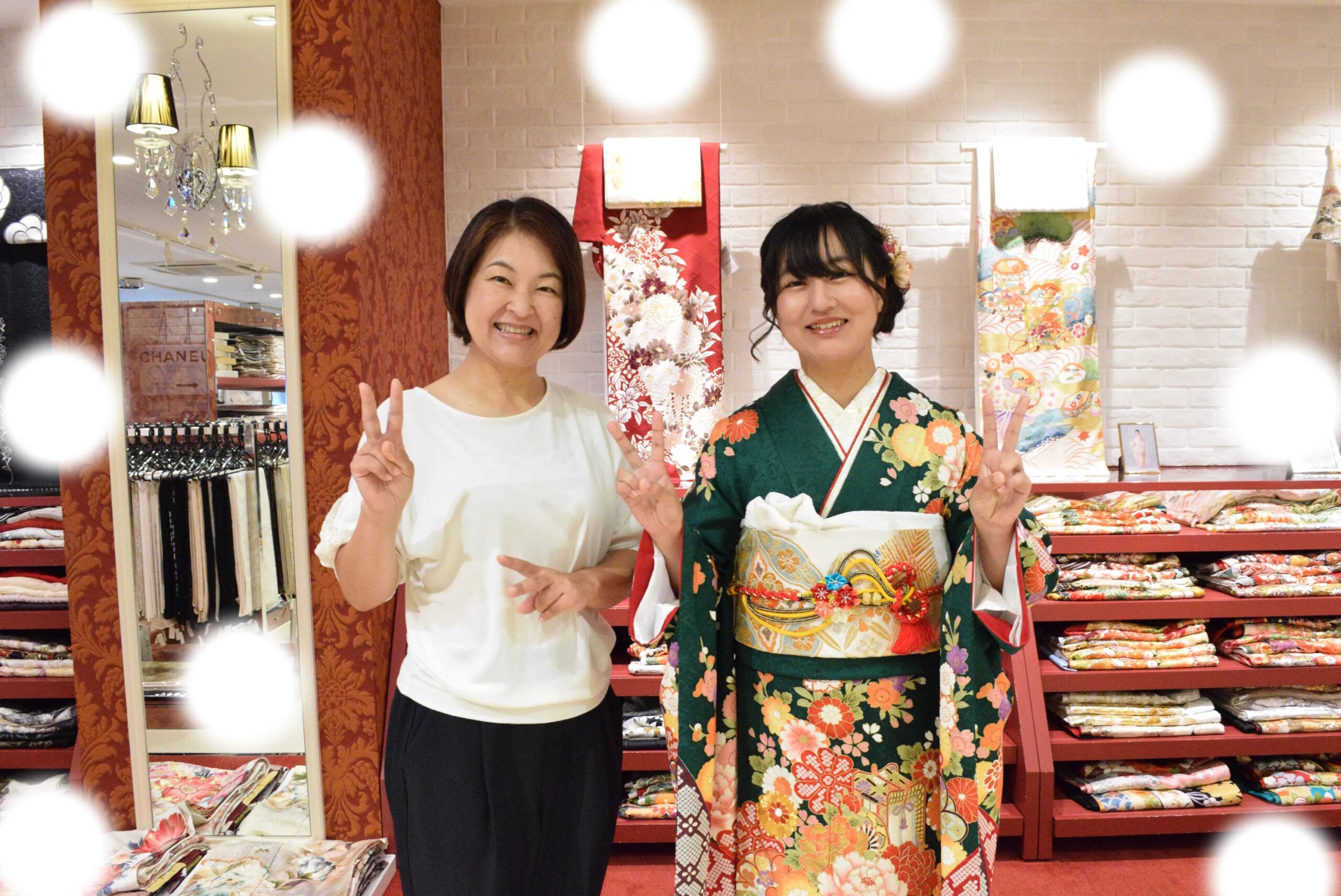 成人式　前撮り　梅田　正統派古典　緑　カワイイ　家族写真