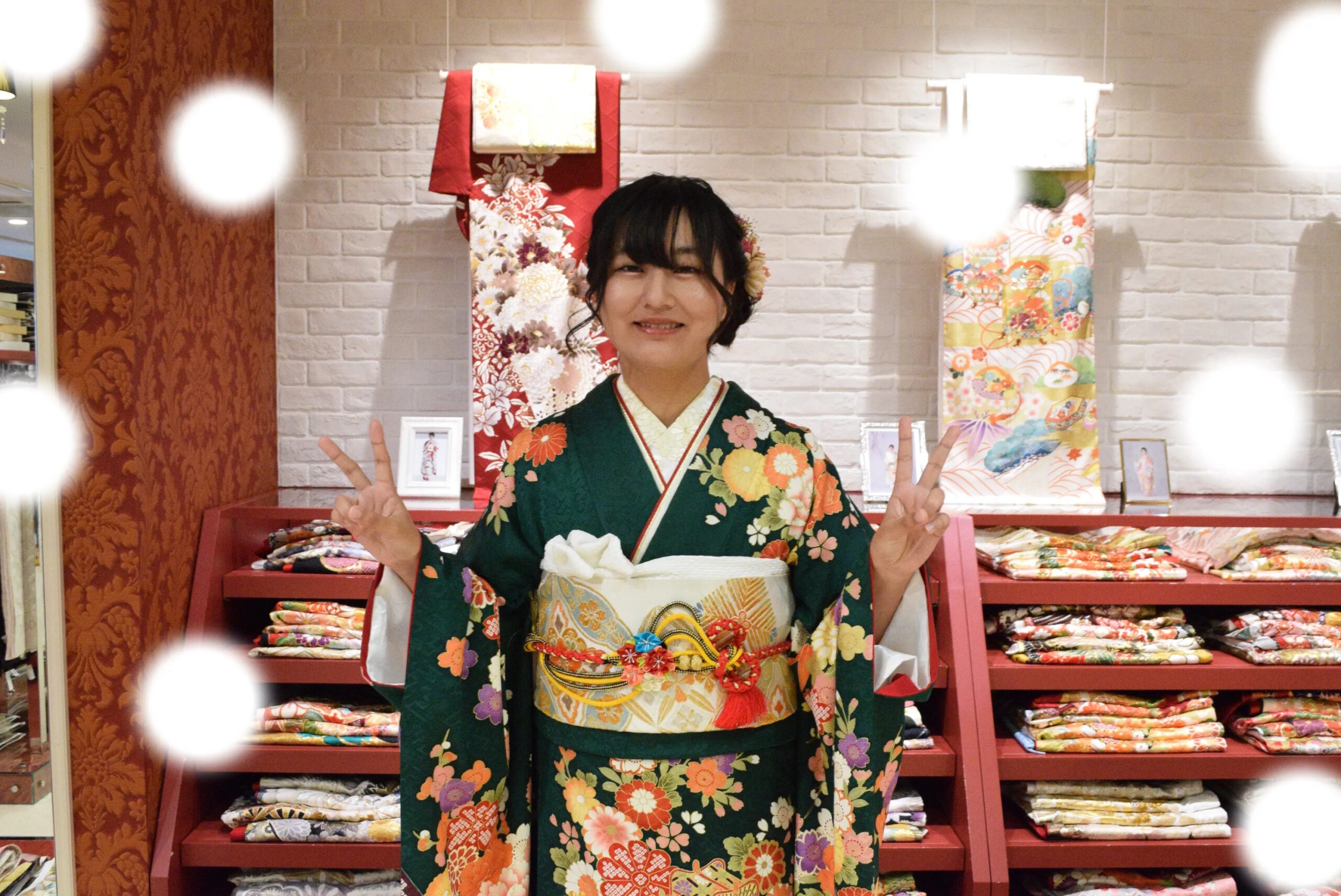 成人式　前撮り　梅田　正統派古典　緑　カワイイ　家族写真