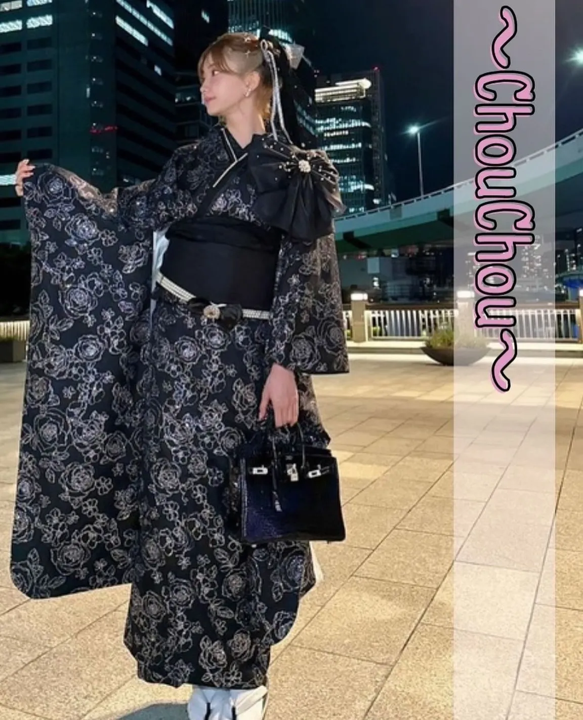 振袖レンタル　成人式　なんば　心斎橋　天王寺　シュシュ　キラキラ振袖　ひめかちゃん着用　リボン　キャバ嬢