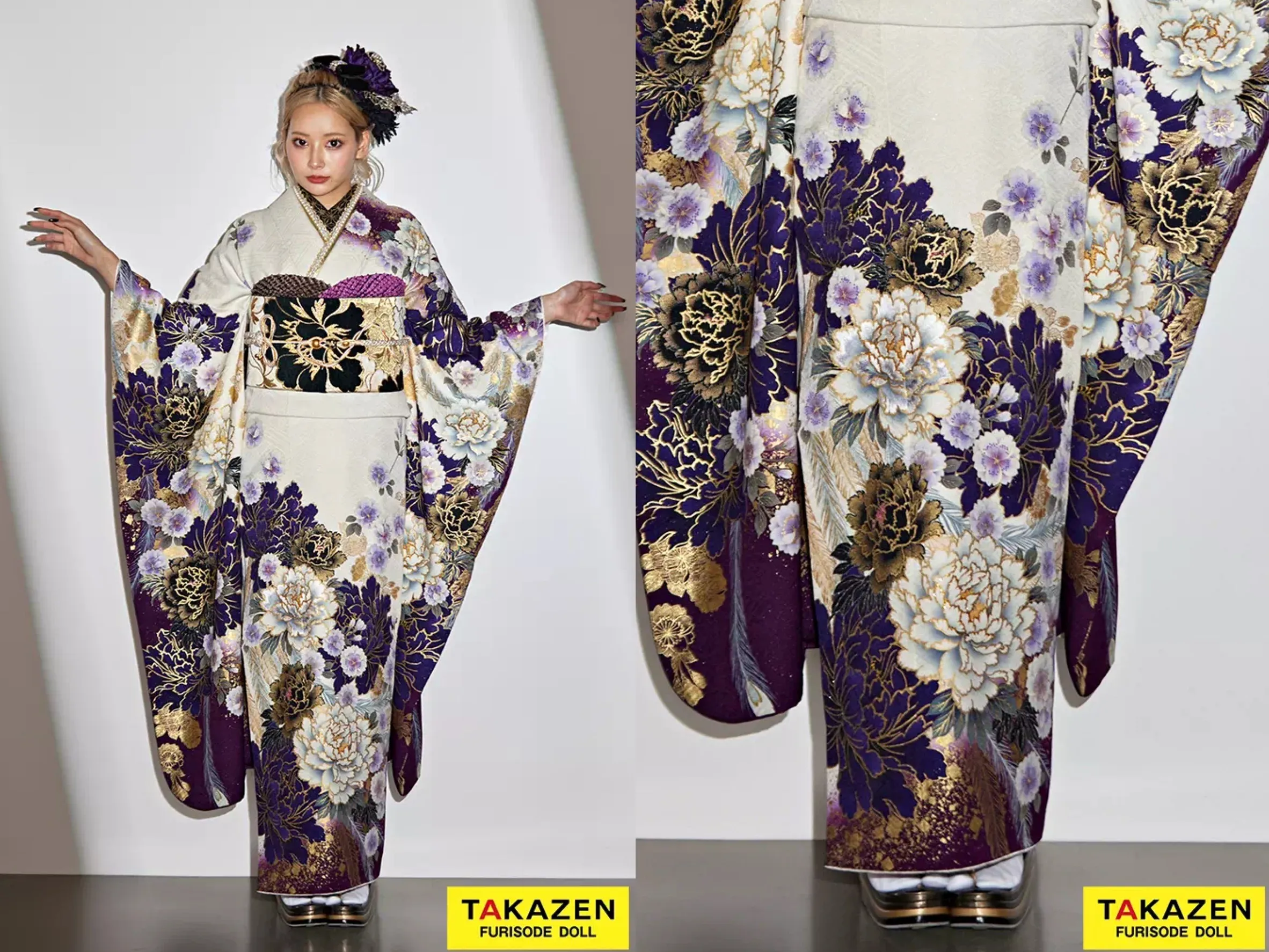 振袖　レンタル　奈良　振袖安い　クール系　白/紫/ゴールド(金色)　ボタン柄/和柄　大人気　モード　派手振袖　かっこいい　ギャル　ぴょな