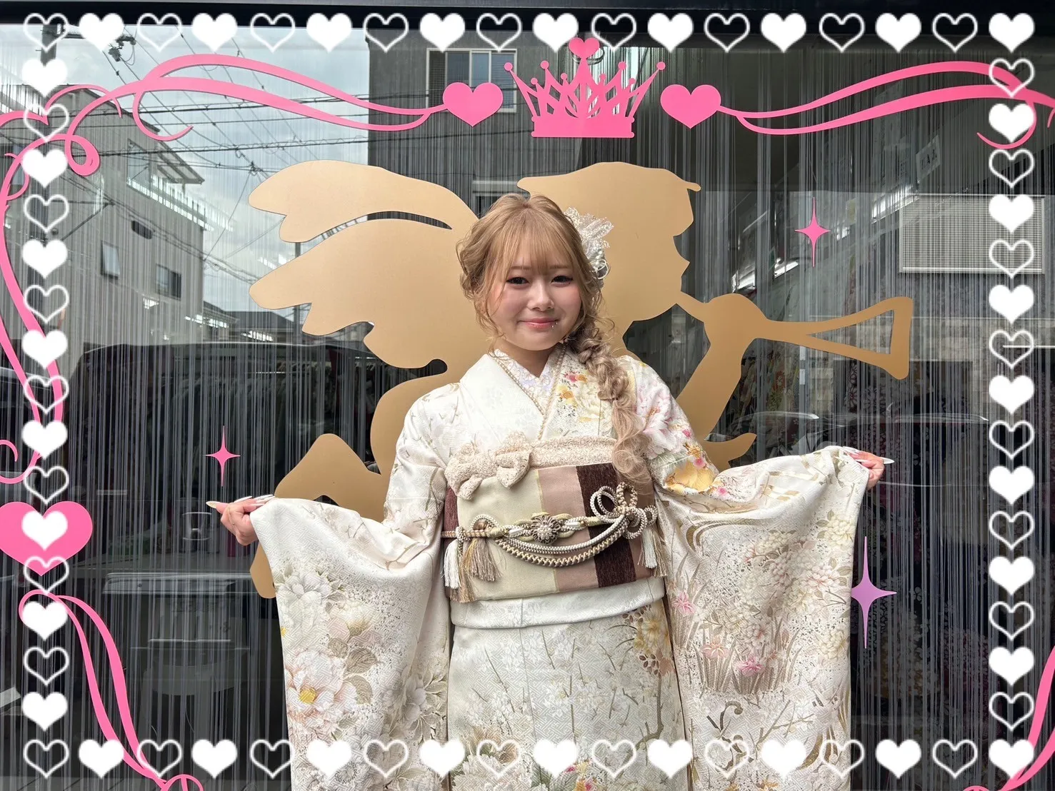 成人式　振袖　前撮り撮影会　最新作くすみカラーガーリー　アイボリー/白ベース　牡丹柄　透明感　綺麗　かわいらしい　オフカラー　香音ちゃん