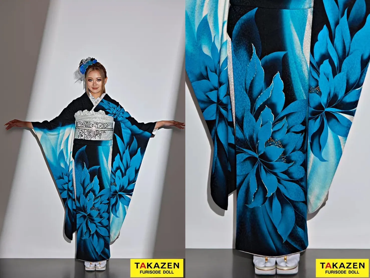振袖　レンタル　奈良　振袖安い　クール系　青/黒/白　水連柄/大柄　かっこいい　モード　シンプルギャル振袖　クールビューティー　目立つ　中村りおん