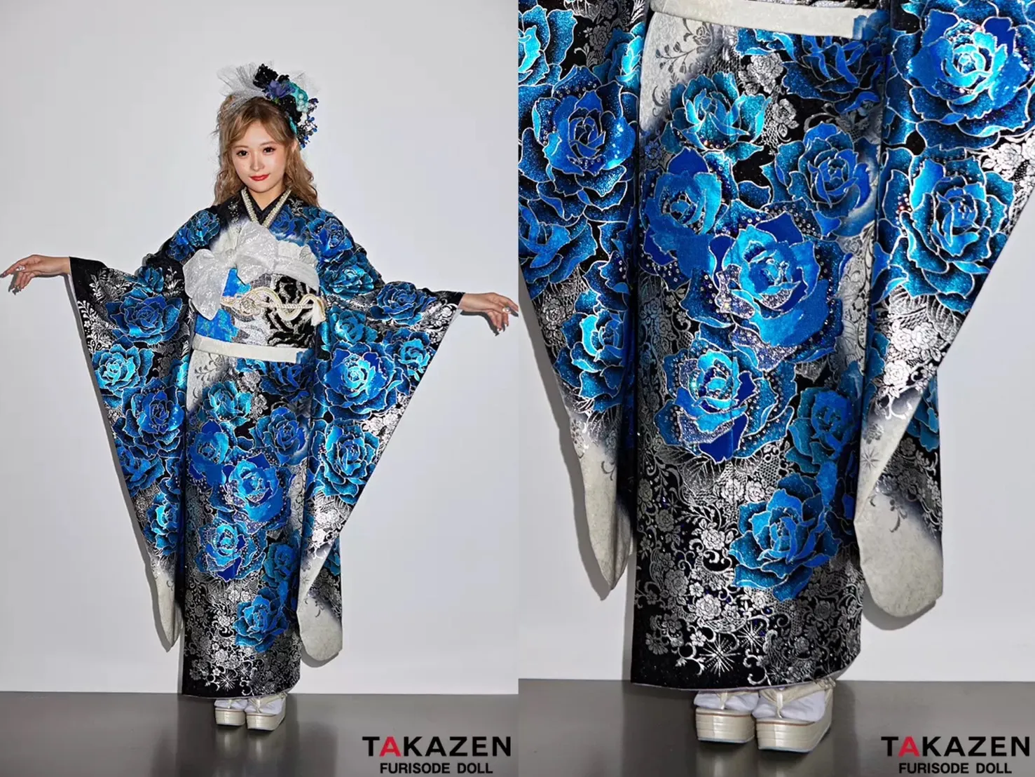 振袖　レンタル　奈良　振袖安い　クール系　ブルー(青)/白/黒　薔薇柄　高級　派手　一番目立つ　キラキラ振袖　豪華　スワロフスキー付き　柄多い　かっこいい　聖菜