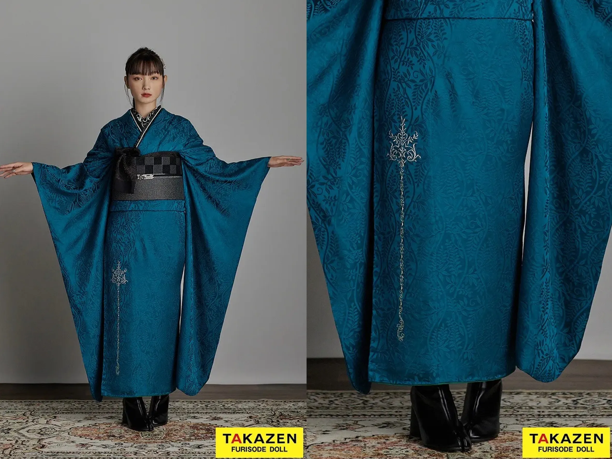 振袖　レンタル　奈良　振袖安い　最新作ヴィンテージスタイル　ターコイズブルー/青　柄すくなめ/ワンポイント刺繍　シンプル　大人っぽい　ブーツスタイル