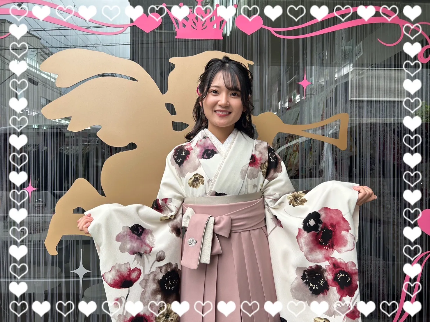 袴　前撮り撮影会　可愛い　おしゃれ　JAPANSTYLE×中村里砂ブランド袴　くすみカラーガーリー　白/ピンク　水彩画風　かわいい　量産型　女の子らしい