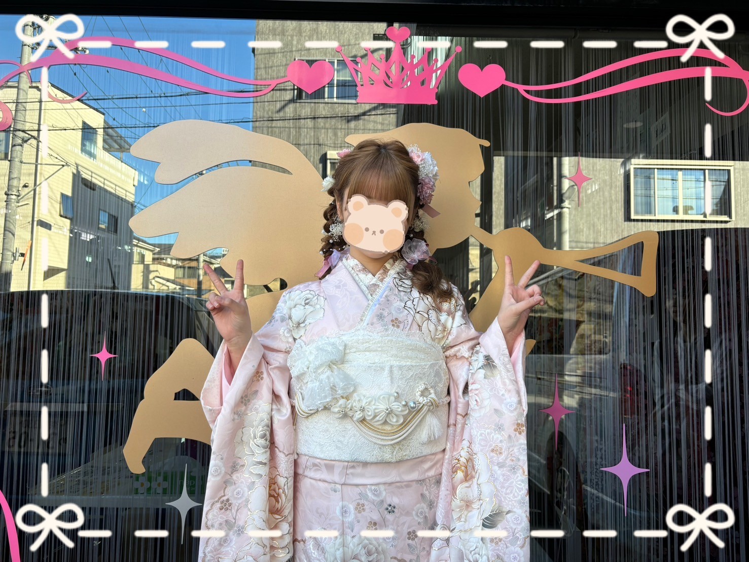 前撮り撮影会　成人式　振袖レンタル　　人気　　最新作ヘップバーンコスメカラー　奈良　ミスティピンク/淡い色　バラ柄/ブーケ柄　フェミニン　かわいい　リボン　キラキラ　香音ちゃん