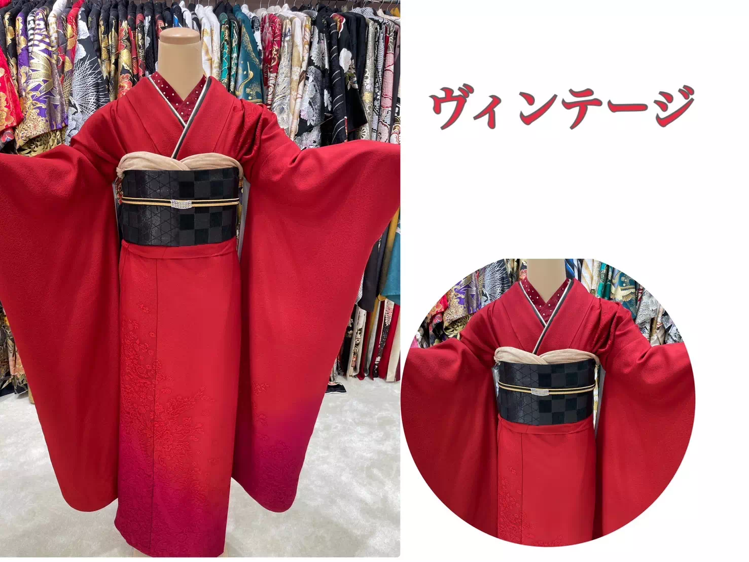 TAKAZEN神戸店　イマドキ　カワイイ　コディネート　振袖　レンタル　赤色　無地