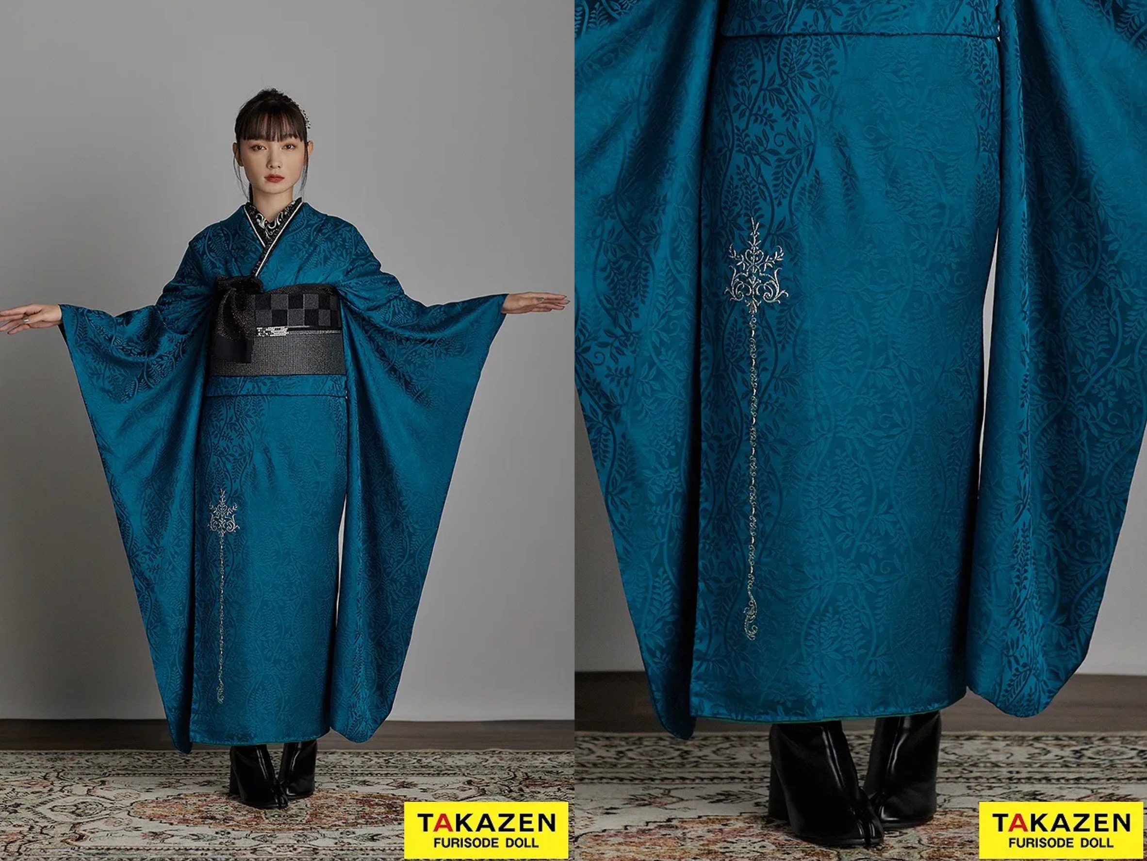 振袖　レンタル　奈良　振袖安い　最新作ヴィンテージスタイル　ターコイズブルー/青　柄すくなめ/ワンポイント刺繍　シンプル　大人っぽい　ブーツスタイル