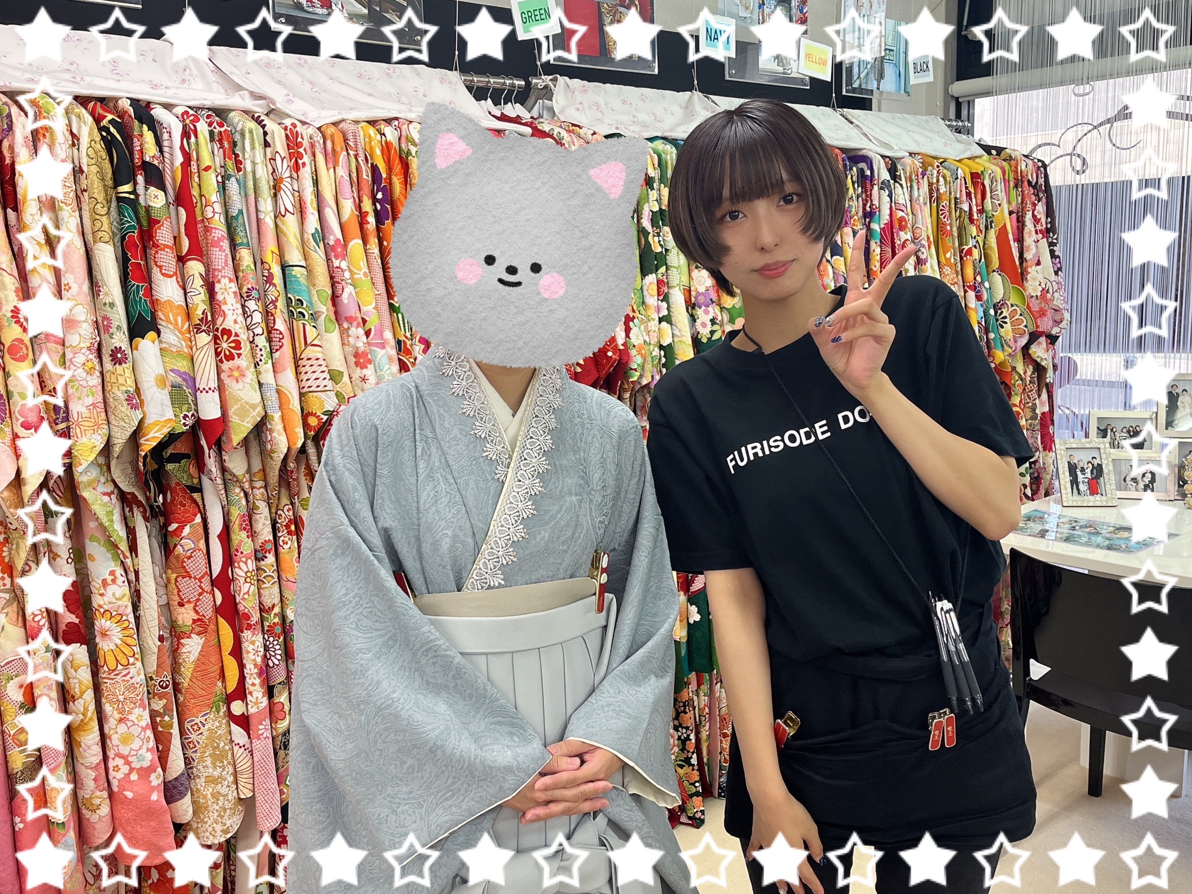 袴　前撮り撮影会　可愛い　おしゃれ　奈良　くすみカラーガーリー　くすみブルー/水色/淡い色　ペイズリー柄無地　レースインナーコーデ　立体花