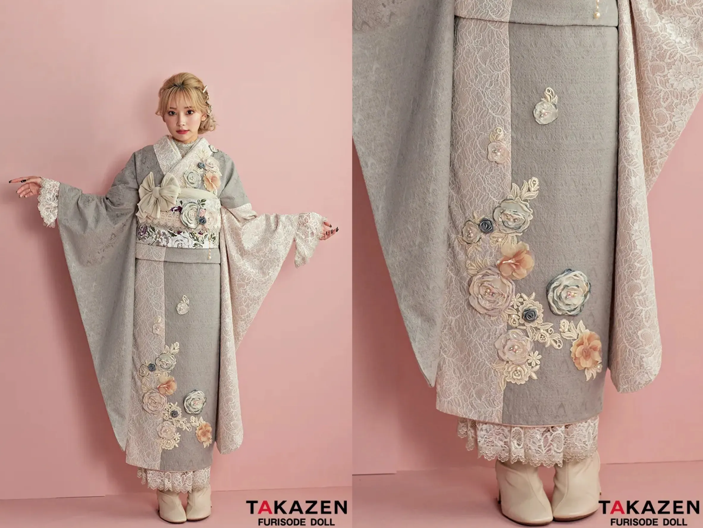 振袖　レンタル　奈良　帯　可愛い　アレンジ　華やか　綺麗　ヘップバーン“ミニョン”(かわいい)　グレー/ニュアンスカラー　立体花　フレンチレトロ　おしゃれ　レースインナー/ブーツコーデ　ぴょな