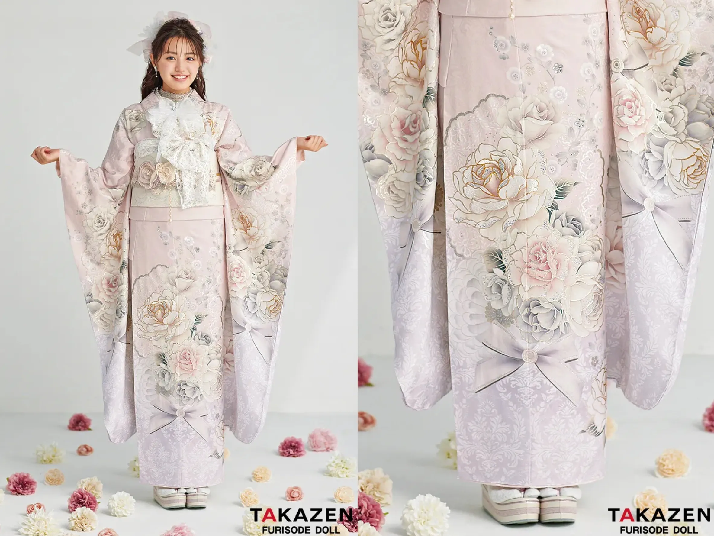 振袖　レンタル　奈良　帯　可愛い　アレンジ　華やか　綺麗　最新作ヘップバーンコスメカラー　ミスティピンク/淡い色　バラ柄/ブーケ柄　フェミニン　かわいい　リボン　キラキラ　香音ちゃん