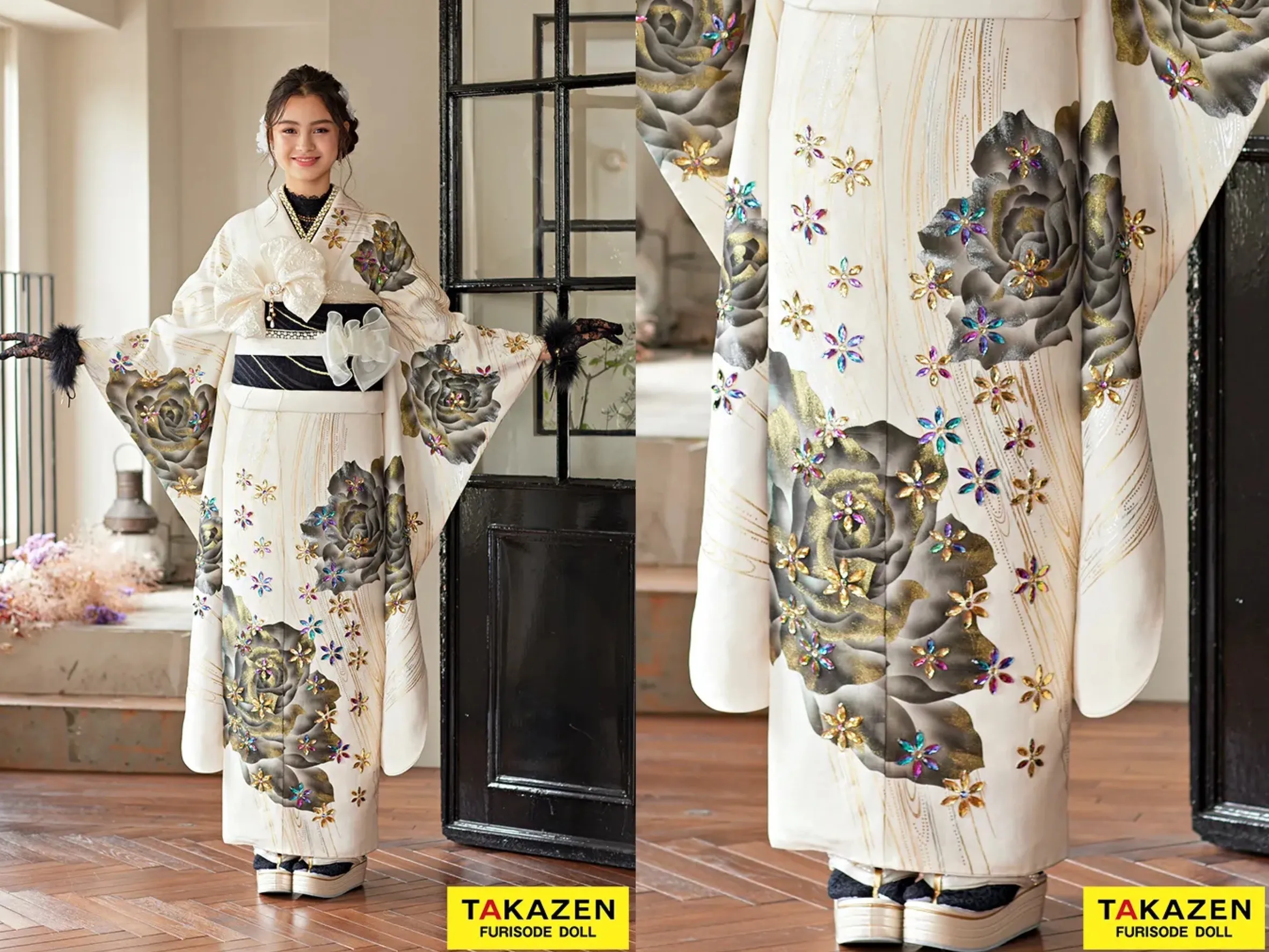 振袖　レンタル　奈良　帯　可愛い　アレンジ　華やか　綺麗　最高級ヘップバーン　白/グレー　バラ柄　エレガント振袖　セレブ　キラキラビジュー付き　レースインナー　ブリッジマン遊七