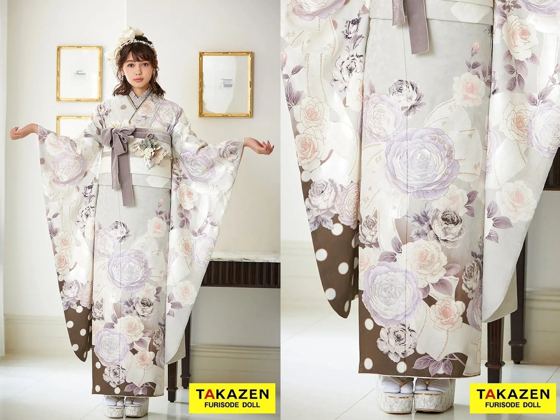 前撮り　撮影会　振袖　レンタル　奈良　きれい　かわいい　くすみ　ガーリー　古典　イマドキ　ヘップバーン　グレー/紫/ニュアンスカラー　バラ柄/リボン柄　エレガント　スワロフスキー付き　洋風振袖　村上愛花