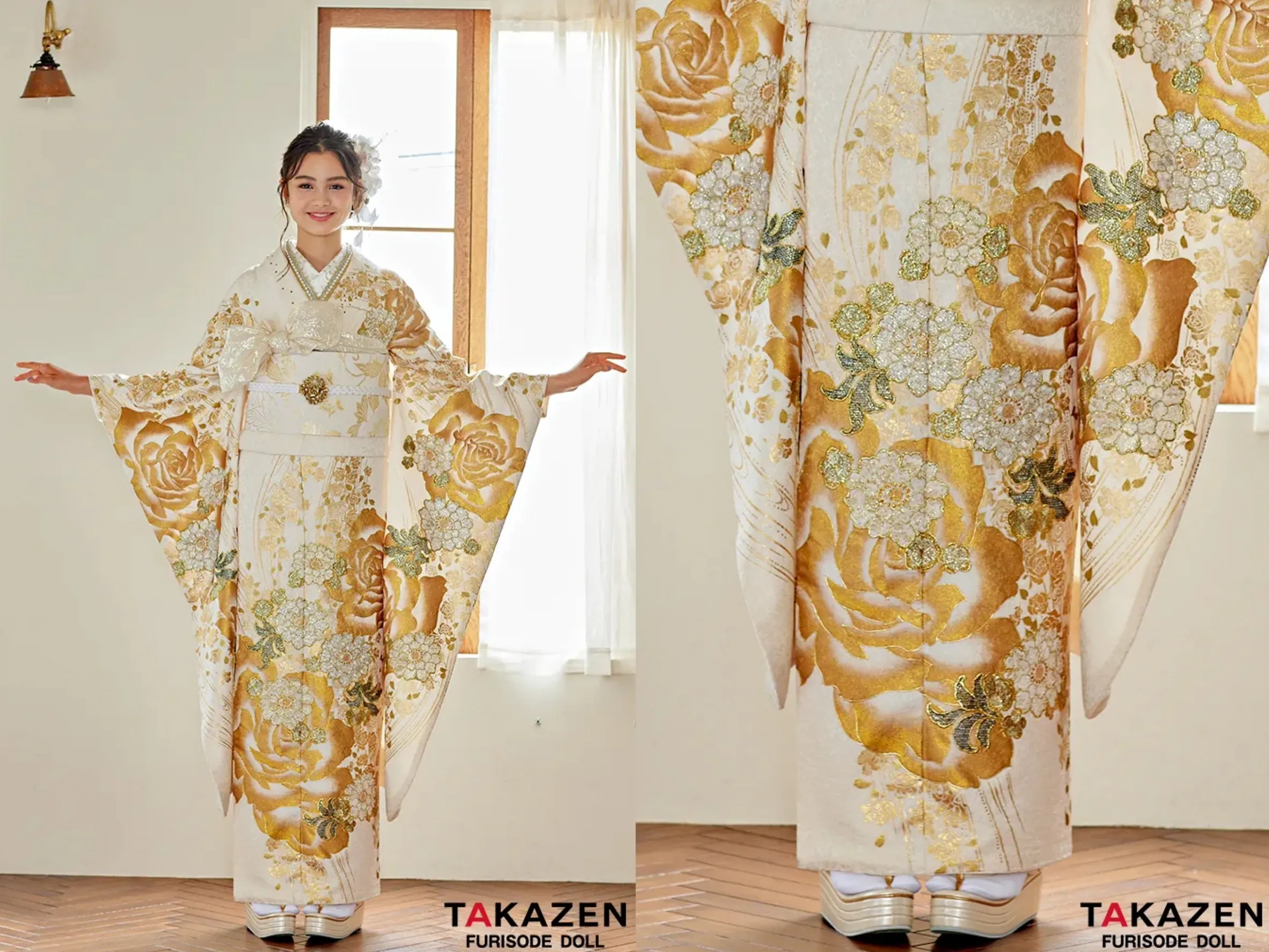 振袖　レンタル　奈良　帯　可愛い　アレンジ　華やか　綺麗　ヘップバーン　白/ゴールド　レース素材バラ柄　セレブ　高級エレガント振袖　人気　キラキラスワロフスキー付き　ブリッジマン遊七