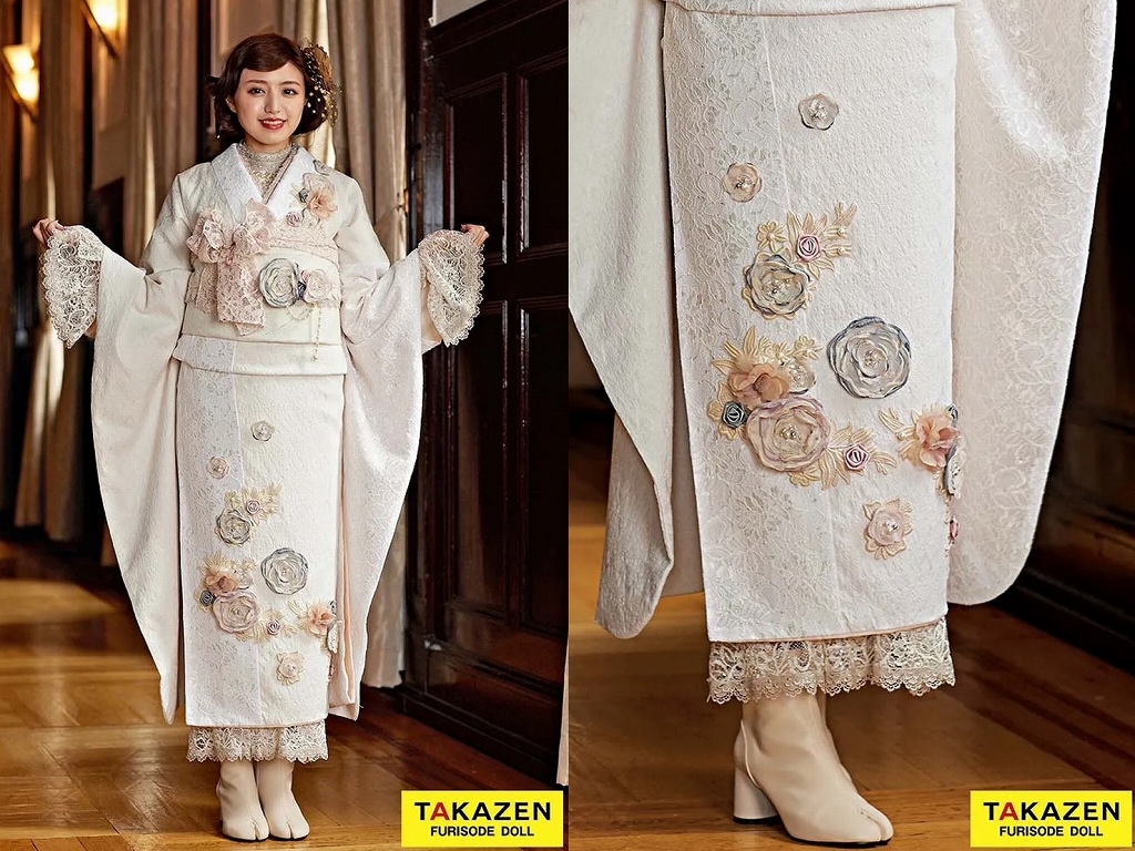 振袖　レンタル　奈良　振袖安い　ヘップバーン“ミニョン”(かわいい)　白　立体花　フレンチレトロ　おしゃれな　ガーリー　レースインナー/ブーツコーデ　香音ちゃん