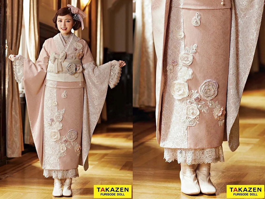 振袖　レンタル　奈良　振袖安い　ヘップバーン“ミニョン”(かわいい)　ピンクベージュ　立体花　フレンチガーリー　おしゃれな　レースインナー/ブーツコーデ　香音ちゃん