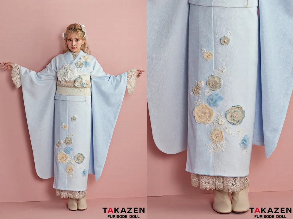 振袖　レンタル　奈良　振袖安い　ニューヘップバーン“ミニョン”(かわいい)　ブルー(水色)　立体花　フレンチガーリー　おしゃれな　レースインナー/ブーツコーデ　ぴょな