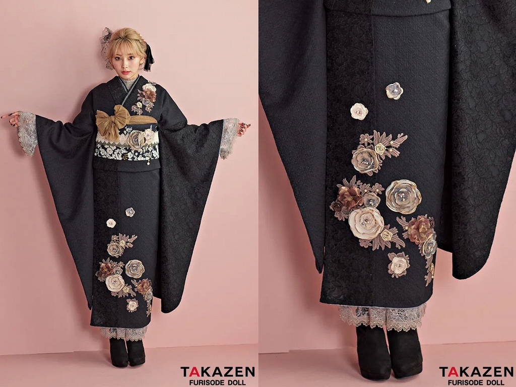 振袖　レンタル　奈良　振袖安い　ヘップバーン“ミニョン”(かわいい)　黒　立体花　フレンチレトロ　おしゃれな　ガーリー　レースインナー/ブーツコーデ　ぴょな