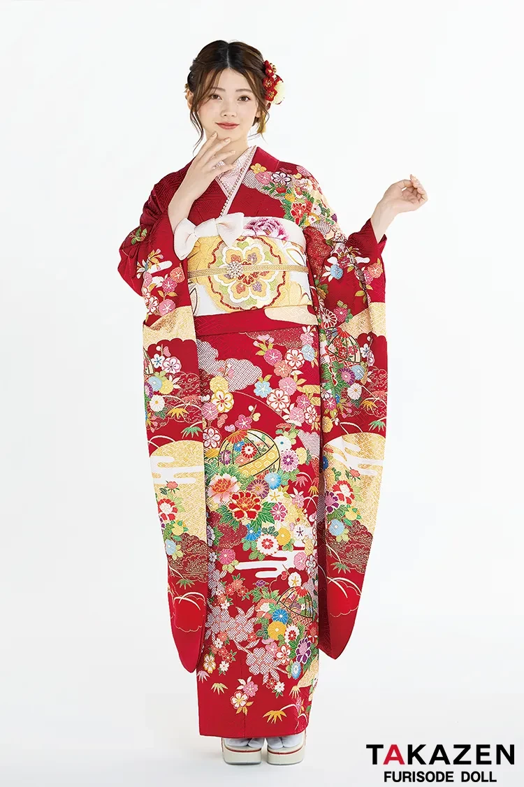 TAKAZENのレンタル振袖 プレミアム古典 吉澤織物/最高級金彩手描友禅 赤 鞠柄 上品な振袖 清楚 人気 定番 南琴奈【通販可】22008