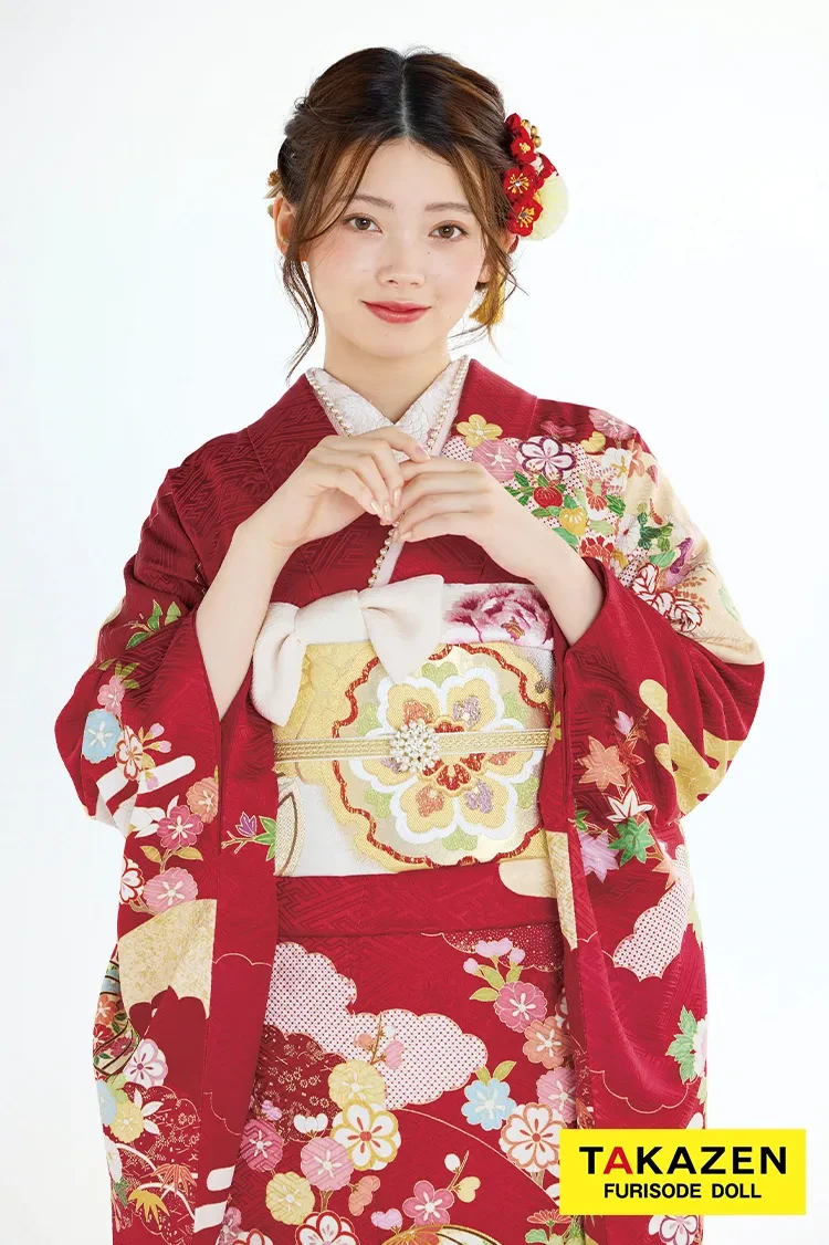 TAKAZENのレンタル振袖 プレミアム古典　吉澤織物/最高級金彩手描友禅　赤　鞠柄　上品な振袖　清楚　人気　定番　南琴奈【通販可】22008