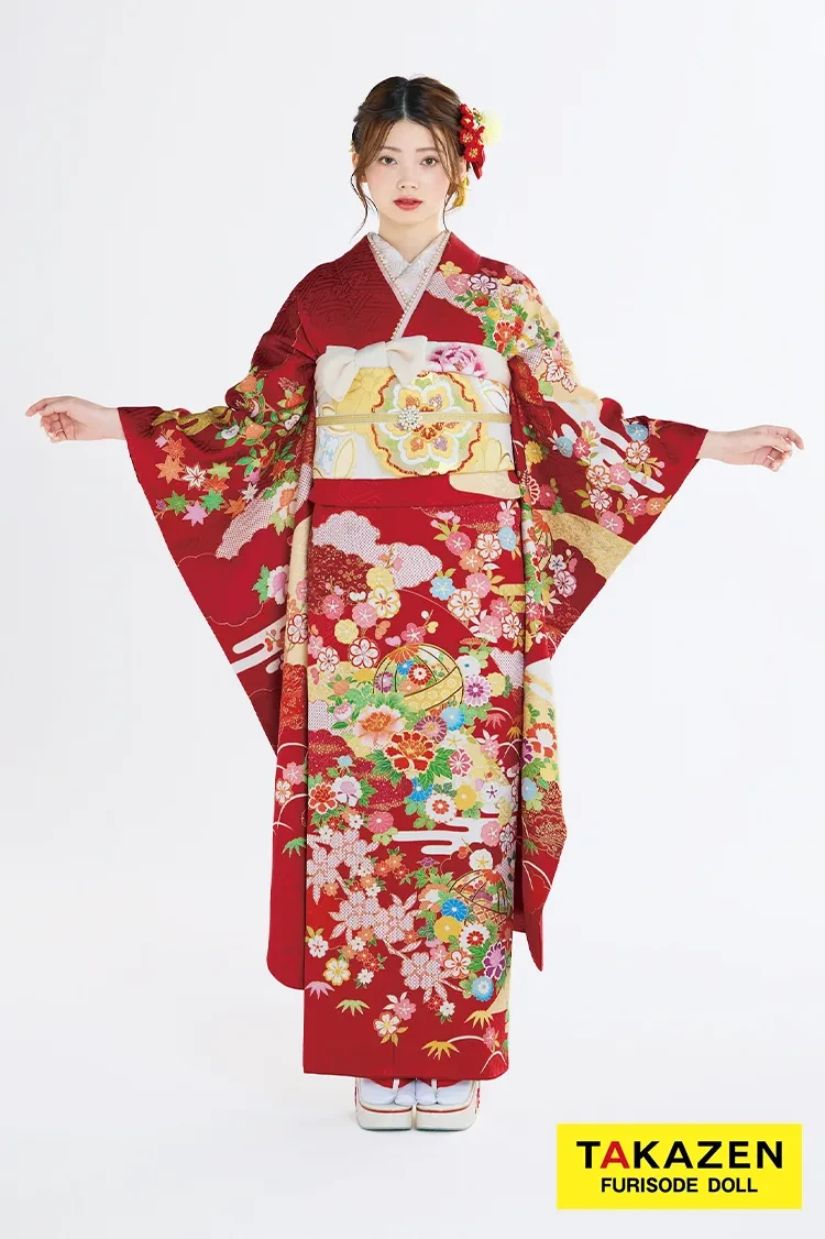 TAKAZENのレンタル振袖 プレミアム古典 吉澤織物/最高級金彩手描友禅 赤 鞠柄 上品な振袖 清楚 人気 定番 南琴奈【通販可】22008