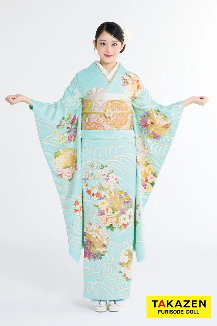 TAKAZENのレンタル振袖 プレミアム古典 吉澤織物/最高級金彩手描友禅 水色 さわやか 綺麗 透明感のある振袖 高級古典 佐藤不二子【通販可】23022