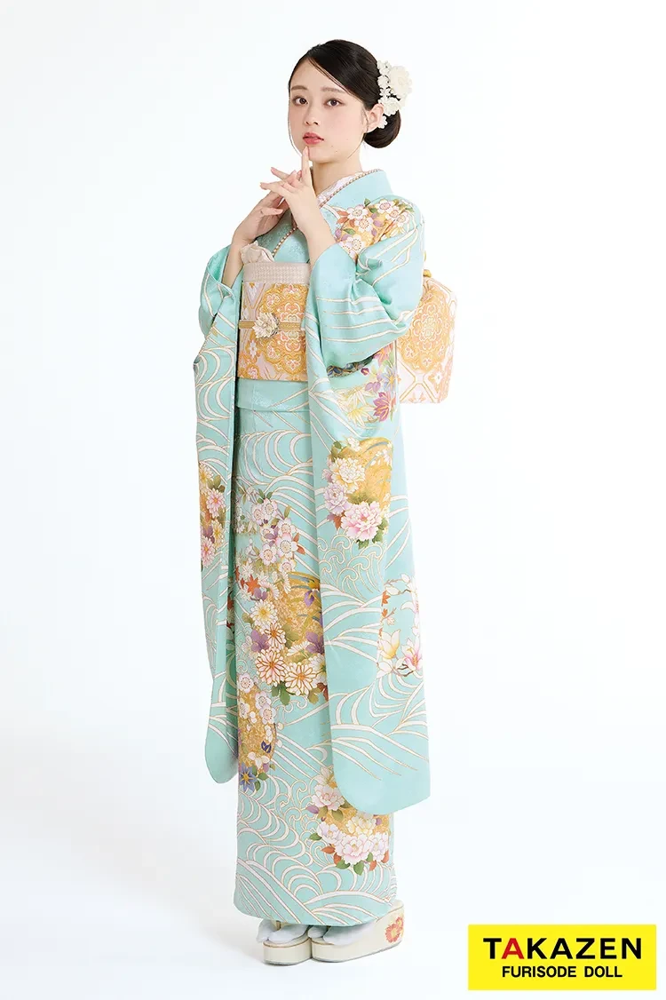 TAKAZENのレンタル振袖 プレミアム古典　吉澤織物/最高級金彩手描友禅　水色　さわやか　綺麗　透明感のある振袖　高級古典　佐藤不二子【通販可】23022