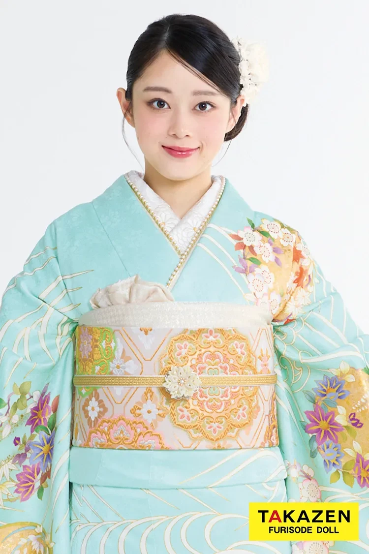 TAKAZENのレンタル振袖 プレミアム古典 吉澤織物/最高級金彩手描友禅 水色 さわやか 綺麗 透明感のある振袖 高級古典 佐藤不二子【通販可】23022