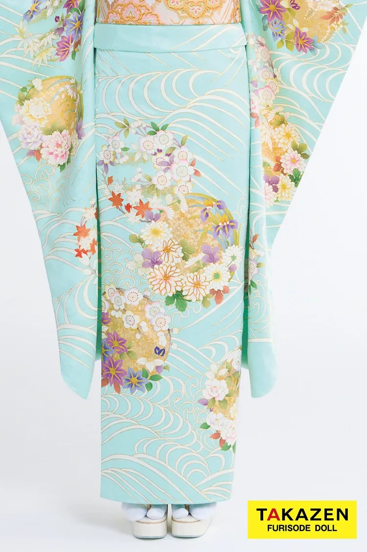 TAKAZENのレンタル振袖 プレミアム古典 吉澤織物/最高級金彩手描友禅 水色 さわやか 綺麗 透明感のある振袖 高級古典 佐藤不二子【通販可】23022
