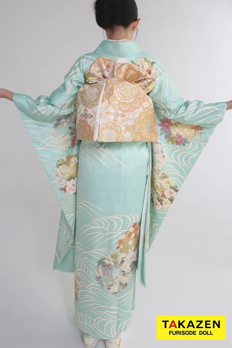 TAKAZENのレンタル振袖 プレミアム古典 吉澤織物/最高級金彩手描友禅 水色 さわやか 綺麗 透明感のある振袖 高級古典 佐藤不二子【通販可】23022