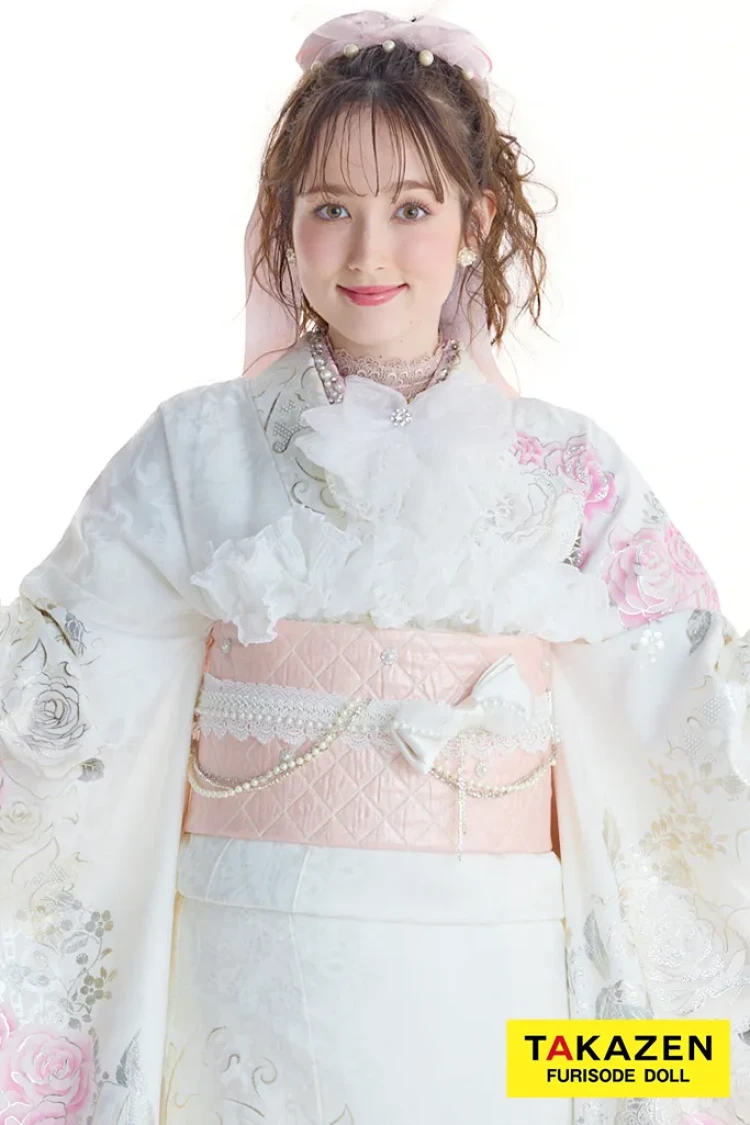 ヘップバーンローズ 白/ピンク バラ柄/リボン柄 かわいい振袖 透明感