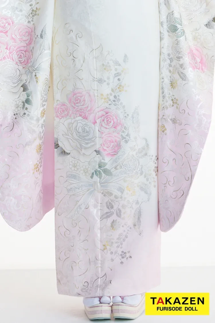 TAKAZENのレンタル振袖 ヘップバーンローズ 白/ピンク バラ柄/リボン柄 かわいい振袖 透明感 リボンアレンジ キラキラスワロフスキー付き 周防ジゼル【通販可】26009