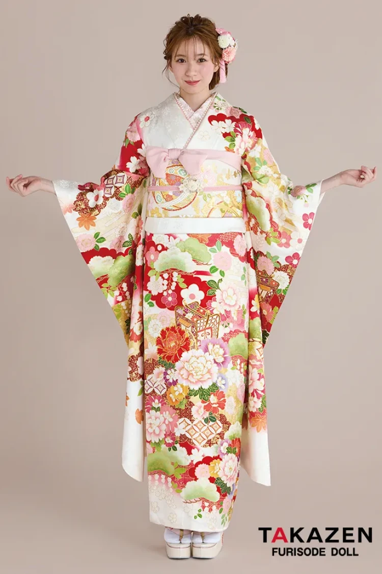 TAKAZENのレンタル振袖 正統派古典　白/赤　御所車柄/牡丹柄　吉澤織物/最高級金彩手描友禅　おしとやか　はんなり　上品　高級振袖　白宮みずほ【通販可】26016