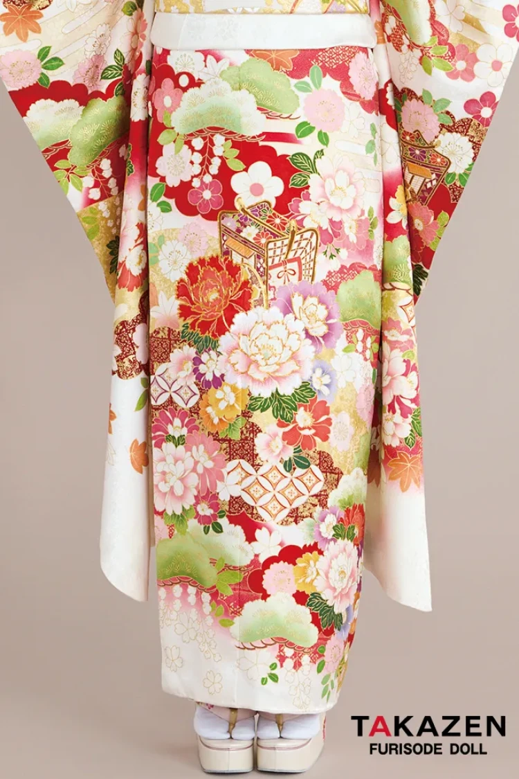 TAKAZENのレンタル振袖 正統派古典　白/赤　御所車柄/牡丹柄　吉澤織物/最高級金彩手描友禅　おしとやか　はんなり　上品　高級振袖　白宮みずほ【通販可】26016