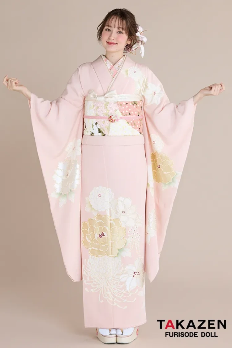 TAKAZENのレンタル振袖 正統派古典 ピンク/淡い色 牡丹柄 吉澤織物/最高級金彩手描友禅 シンプル すっきり 柄少なめ振袖 はんなり 上品 周防ジゼル【通販可】26017