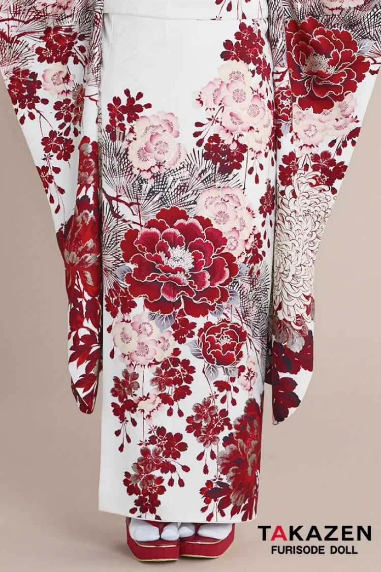 TAKAZENのレンタル振袖 正統派古典 華徒然×吉木千沙都 白/赤 牡丹柄 人気 TAKAZENオリジナルカラー 綺麗 お洒落 大人っぽい 村上なずな【通販可】26019
