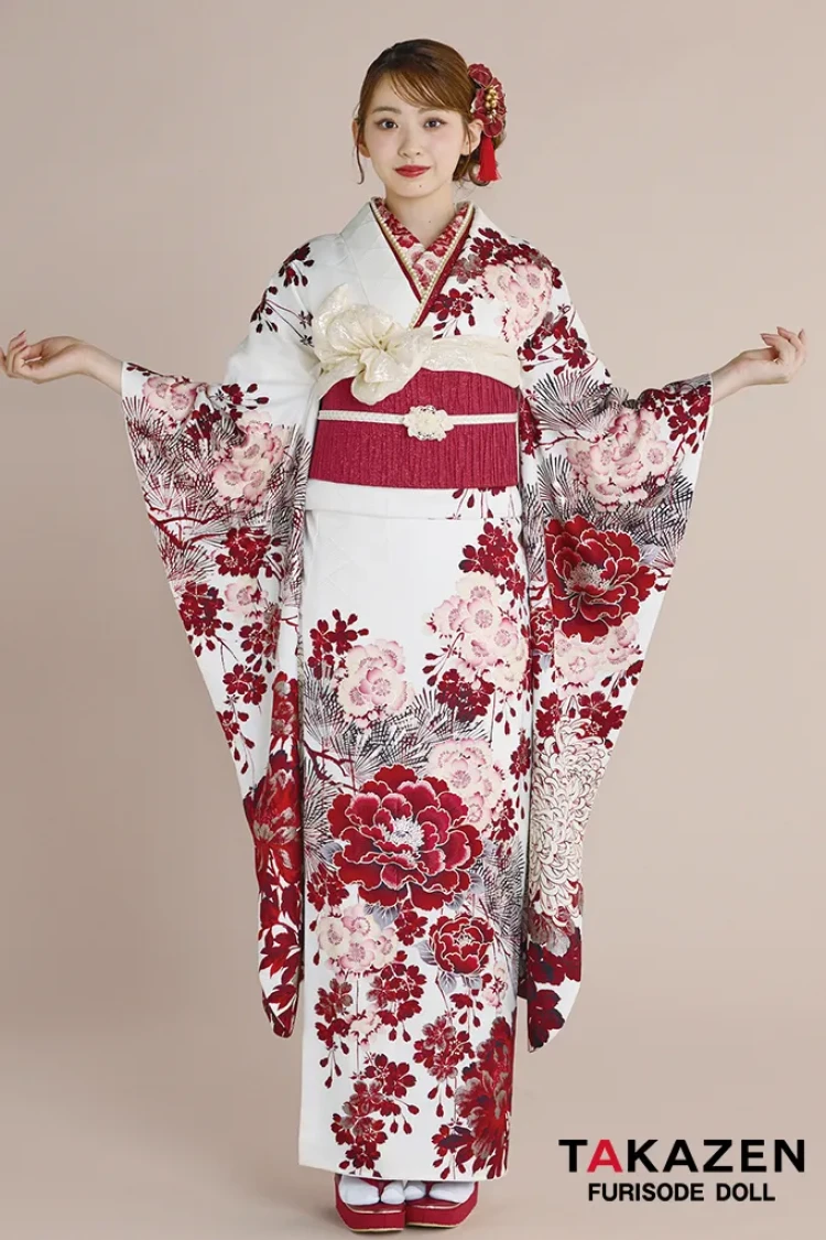 TAKAZENのレンタル振袖 正統派古典　華徒然×吉木千沙都　白/赤　牡丹柄　人気　TAKAZENオリジナルカラー　綺麗　お洒落　大人っぽい　村上なずな【通販可】26019