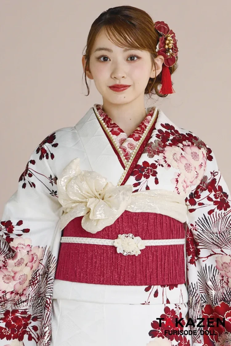 TAKAZENのレンタル振袖 正統派古典 華徒然×吉木千沙都 白/赤 牡丹柄 人気 TAKAZENオリジナルカラー 綺麗 お洒落 大人っぽい 村上なずな【通販可】26019