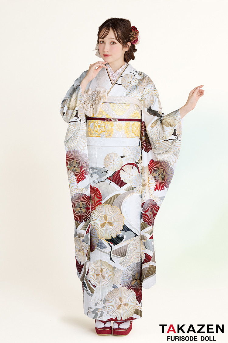 TAKAZENのレンタル振袖 正統派古典　白地/赤　鶴柄/波模様　清楚　おめでたい　きれい　大人っぽい振袖　上品　周防ジゼル【通販可】26022
