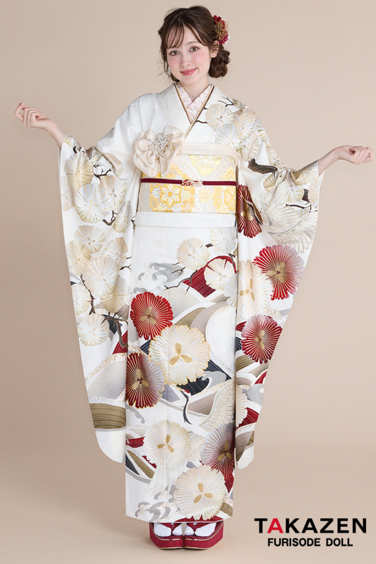 TAKAZENのレンタル振袖 正統派古典 白地/赤 鶴柄/波模様 清楚 おめでたい きれい 大人っぽい振袖 上品 周防ジゼル【通販可】26022