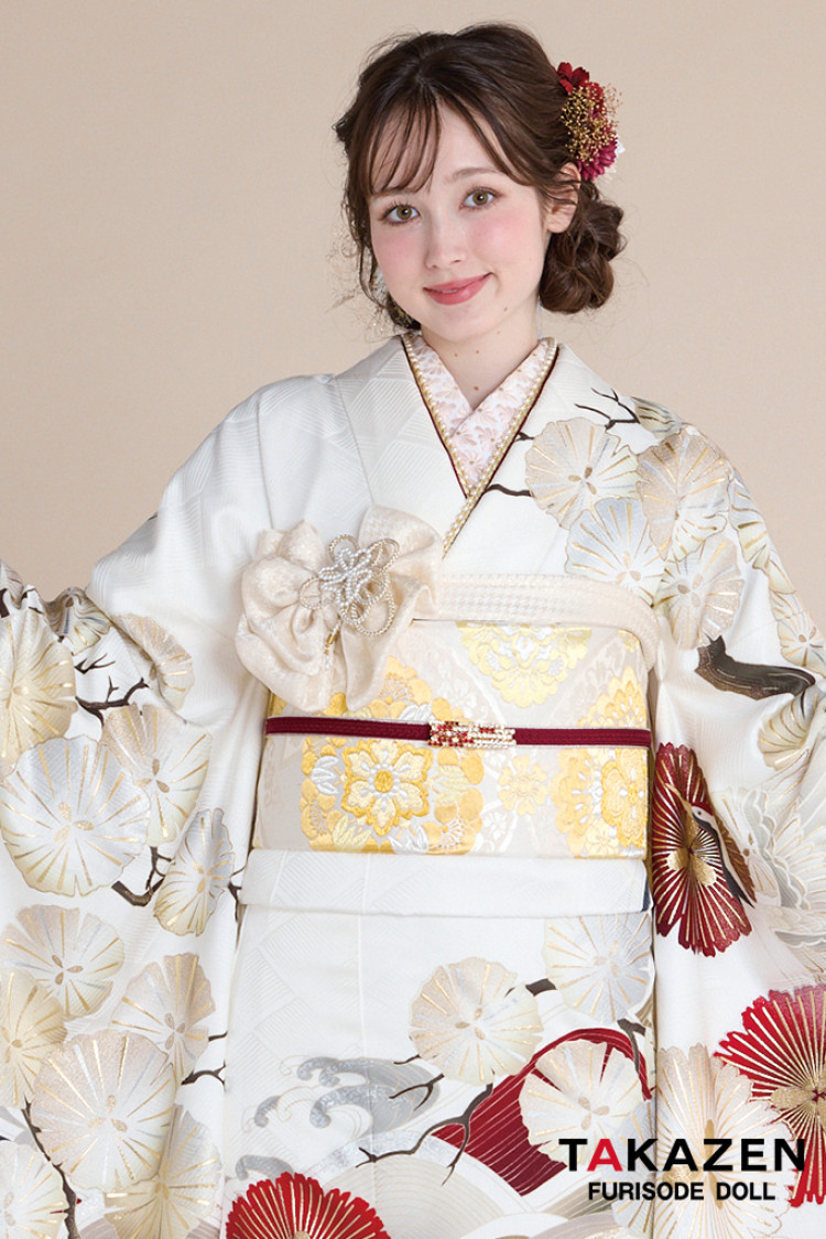 TAKAZENのレンタル振袖 正統派古典 白地/赤 鶴柄/波模様 清楚 おめでたい きれい 大人っぽい振袖 上品 周防ジゼル【通販可】26022