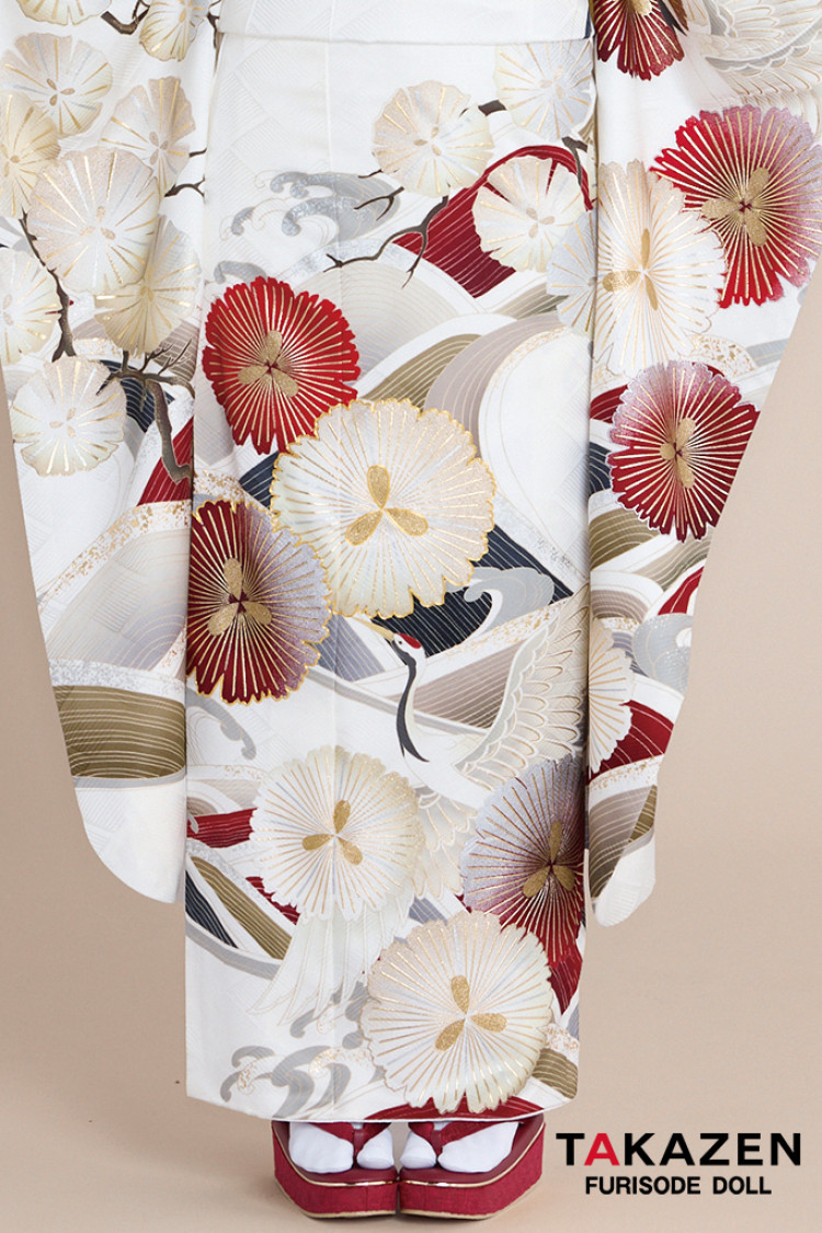 TAKAZENのレンタル振袖 正統派古典 白地/赤 鶴柄/波模様 清楚 おめでたい きれい 大人っぽい振袖 上品 周防ジゼル【通販可】26022