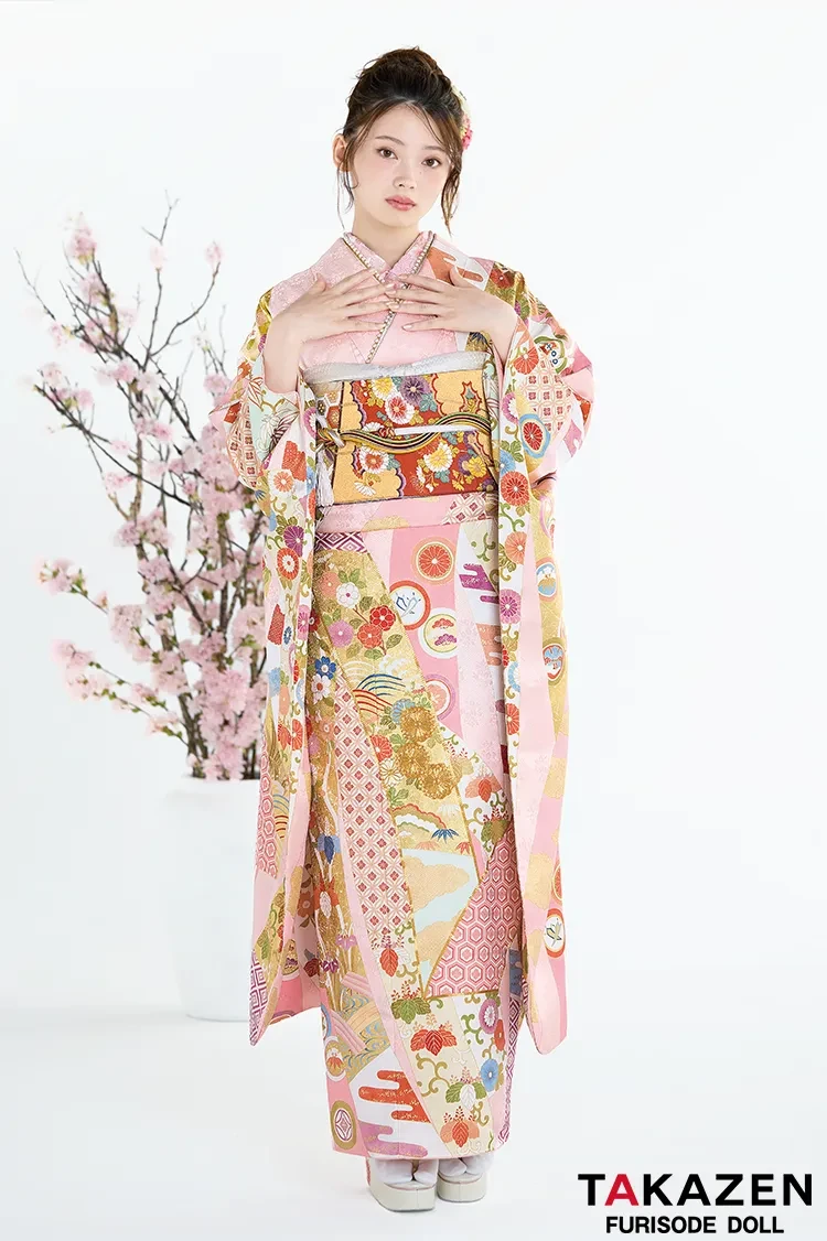 TAKAZENのレンタル振袖 高級古典　吉澤織物　ピンク　熨斗柄/最高級手描き友禅　かわいい　上品　はんなり　着物　南琴奈【通販可】26025