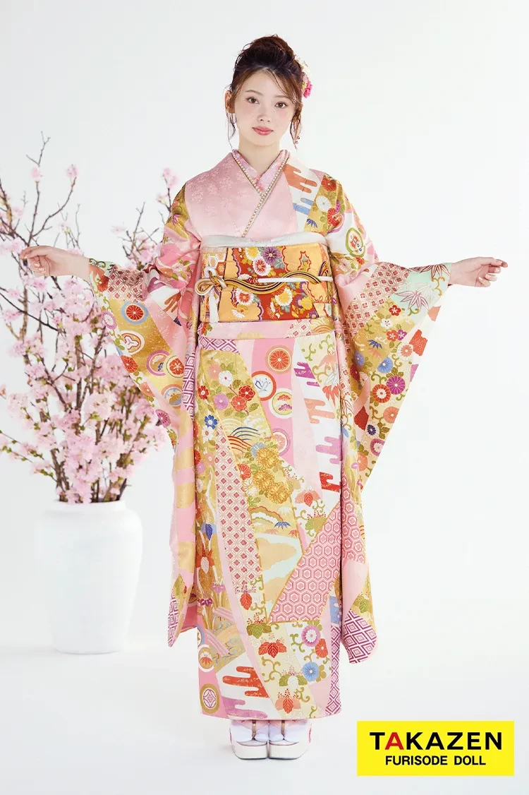 TAKAZENのレンタル振袖 高級古典 吉澤織物 ピンク 熨斗柄/最高級手描き友禅 かわいい 上品 はんなり 着物 南琴奈【通販可】26025
