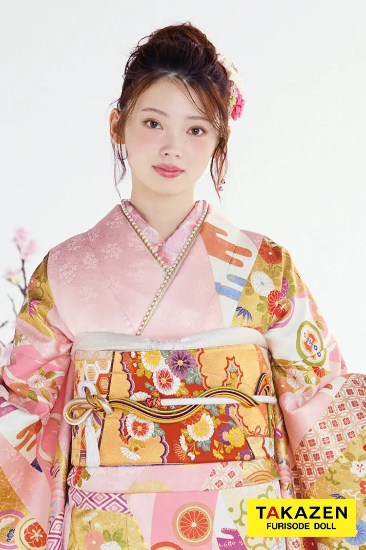 TAKAZENのレンタル振袖 高級古典 吉澤織物 ピンク 熨斗柄/最高級手描き友禅 かわいい 上品 はんなり 着物 南琴奈【通販可】26025