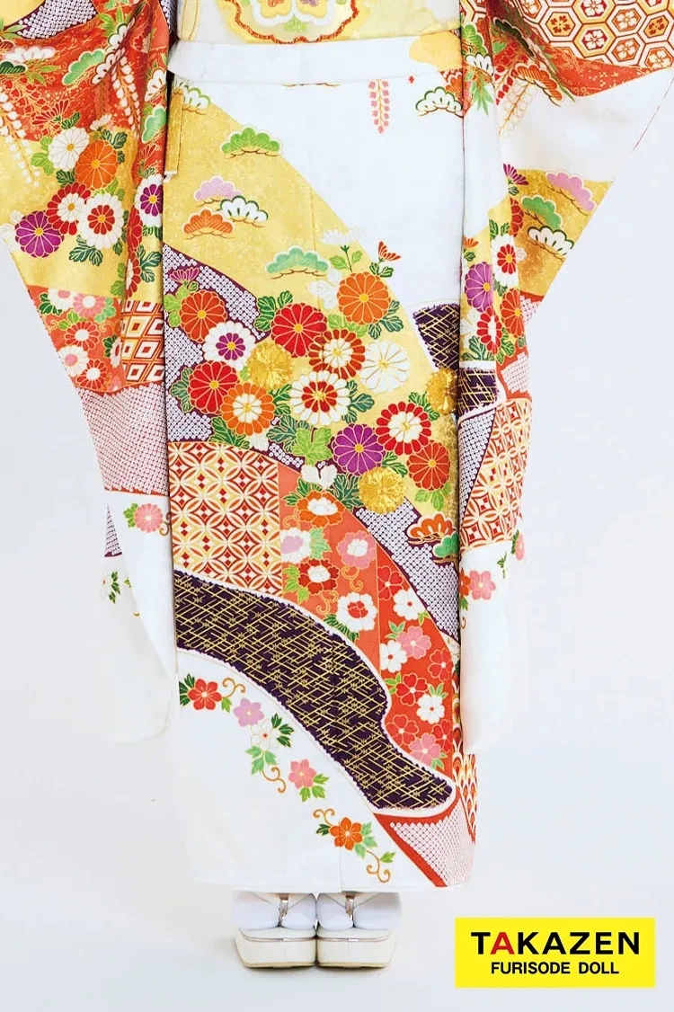 TAKAZENのレンタル振袖 プレミアム古典 吉澤織物 『逸品』最高級染繍桶絞り友禅 白/オレンジ 高級振袖 上品 柄小さめ 金駒刺繍 南琴奈【通販可】26029