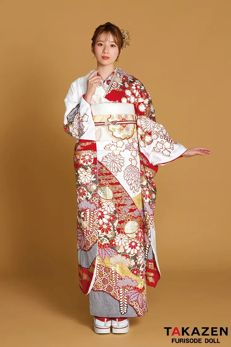 TAKAZENのレンタル振袖 最高級古典柄振袖　滝泰/最高級金彩刺繍絞り友禅　赤/金　貝桶柄/牡丹柄　大人っぽい　豪華な振袖　絞り　白宮みずほ【通販可】26039
